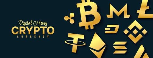 fondo de iconos de moneda criptográfica, intercambio de dinero digital de banner de tecnología blockchain, minería de criptomonedas y concepto financiero vector