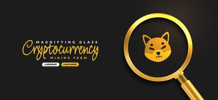 moneda criptográfica shiba inu con fondo de lupa dorada, intercambio de dinero digital de banner de tecnología blockchain, concepto financiero de criptomoneda vector