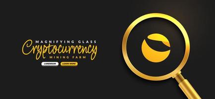 Terra Luna Crypto currency with golden magnifying glass background, Digital money exchange of Blockchain technology banner, Cryptocurrency financial concept vector