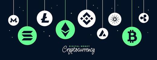 Crypto currency icons background, Digital money exchange of Blockchain technology banner, Cryptocurrency mining and financial concept vector