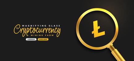 Litecoin Crypto currency with golden magnifying glass background, Digital money exchange of Blockchain technology banner, Cryptocurrency financial concept vector