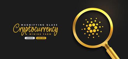 Cardano ADA Crypto currency with golden magnifying glass background, Digital money exchange of Blockchain technology banner, Cryptocurrency financial concept vector