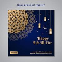 feliz celebración de eid ul fitr publicación en redes sociales o diseño de deseo de eid mubarak vector