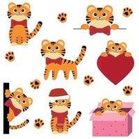 conjunto de lindos cachorros de tigre de navidad, vector de color aislado ilustración de estilo de dibujos animados