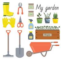 Set of different isolated garden tools on a white background. Set with plants, tools on the theme garden, vegetable garden, dacha. vector