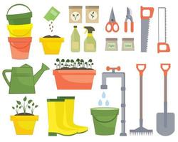 Garden tools isolated on white background. Spring farming icons. Set of gardening elements in hand drawn style. Various agricultural and garden equipment for farming, garden tool vector gardening.