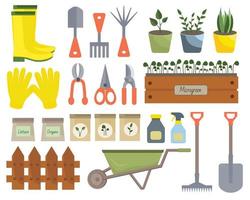 Set of vector gardening equipment with rubber boots, seedling, watering can, scissors, wheelbarrow, shovel, rake, bucket isolated on white background. Gardener collection farm or agriculture set.
