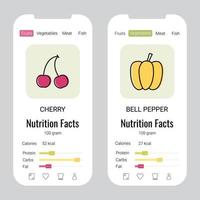 diseño de página web de alimentos saludables con iconos de arte de contorno. kit de diseño único de contador de calorías y diario de alimentos para aplicación móvil. Datos nutricionales de frutas y verduras. concepto de nutrición adecuada. vector