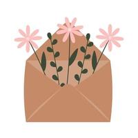 flores silvestres de jardín florecientes en sobre. ilustración para tarjetas florísticas, etiquetas de regalo, tiendas, 8 de marzo y decoración de pascua, regalos de boda e invitación. vector