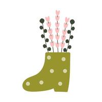 Spring green flowers in boots. Illustration for floristic cards, gift tags, shops, 8 of March and Easter decor, wedding gifts and invitation. Hand drawn flat style. Simple hand drawn trendy bouquet. vector