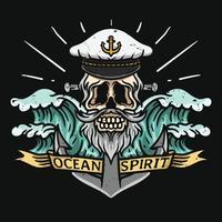 illustration of sailor skull captain with wave anchor and ribbon vector