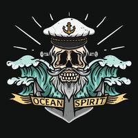 illustration of sailor skull captain with wave anchor and ribbon vector