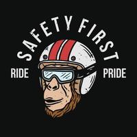 illustration of a chimpanzee wearing a helmet and riding glasses in vintage style vector