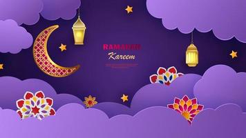 Ramadan Kareem horizontal banner with 3d arabesque stars and flowers. Vector illustration. Greeting card, poster and voucher. Islamic crescent moon with hanging traditional lanterns in the clouds