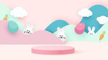 Happy easter. Design Rabbit with eggs. Festive spring 3d composition. Realistic stage, catwalk, festive studio. Minimal background. Modern creative template.Vector illustration vector