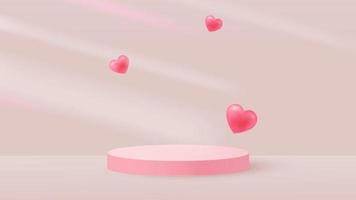 Minimalistic scene with pink cylindrical podium and flying hearts. Falling shadows. Scene for the demonstration of a cosmetic product, showcase. Vector illustration