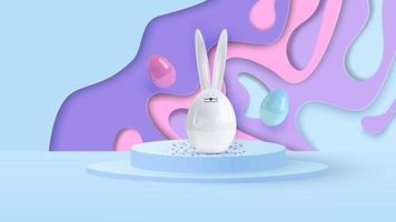 Happy easter. Design Rabbit with eggs. Festive spring 3d composition. Realistic stage, catwalk, festive studio. Minimal background. Modern creative template.Vector illustration vector