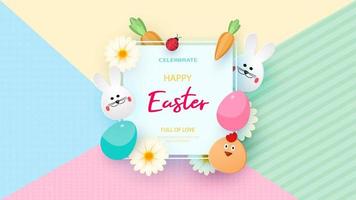 Happy Easter background template with beautiful camomiles and eggs. Vector illustration