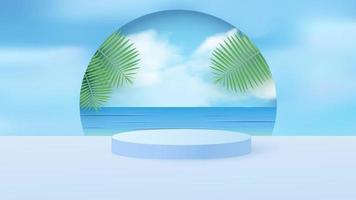 A minimal scene with a light blue cylindrical podium with tropical leaves against the sky. Scene for the demonstration of a cosmetic product, showcase. Vector illustration