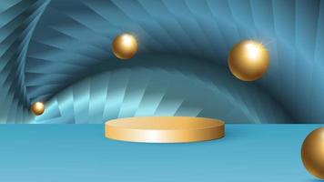Minimalistic stage with golden cylindrical podium with abstract background and golden balls. Scene for the demonstration of a cosmetic product, showcase. Vector illustration
