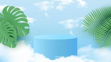 A minimal scene with a light blue cylindrical podium with tropical leaves against the sky. Scene for the demonstration of a cosmetic product, showcase. Vector illustration