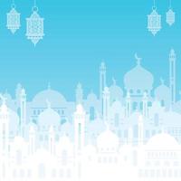 ramadan kareem background with mosque silhouette and hanging lanterns. Islamic holiday banner design vector