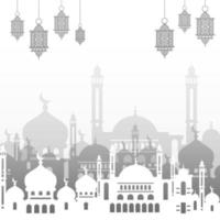 ramadan kareem background with mosque silhouette and hanging lanterns. Islamic holiday banner design vector