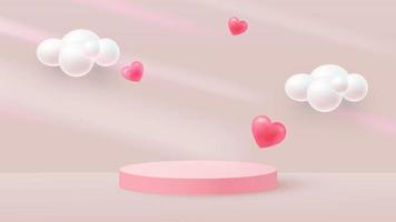 Minimalistic scene with pink cylindrical podium and flying hearts. Falling shadows. Scene for the demonstration of a cosmetic product, showcase. Vector illustration