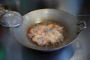 Selective focus on many pieces of chicken wings deep fried in the boiled vegetable oil. photo