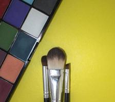 Composition with Makeup Brushes and Eyeshadows. Colorful Shadows, Creative Abstract Design Background Photo.