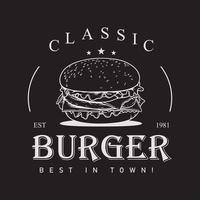 logotipo vectorial clásico de hamburguesa con queso para un restaurante de comida rápida con fondo negro vector