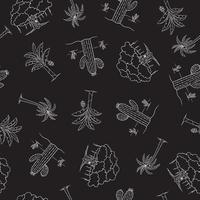 Set of various hand-drawn trees vector seamless pattern on black background