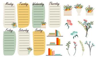 Vector spring glider design for recording daily chores with flower stickers, bookshelf. Planner chores, readings, notes, important dates. Hello spring, bouquet, letter, box flower, delicate colors.