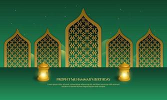 fondo de la bandera islámica de la tarjeta de felicitación de cumpleaños del profeta mahoma. vector