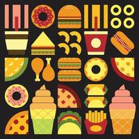 Flat minimalist geometric fast food symbol artwork poster with colorful simple shapes. Abstract vector pattern design of junk food and drink. Burgers, pizza, sandwiches, donuts, coffee and ice cream.