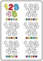 Instructional coloring pages, educational games for children, printable preschool activity worksheets. Simple cartoon vector illustration of colorful objects to learn colors. Coloring numbers 12345.