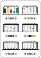 Instructional coloring pages, educational games for children, preschool activity worksheets. Simple cartoon vector illustration of colorful objects to learn colors. Coloring chemical test tubes.