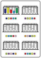 Instructional coloring pages, educational games for children, preschool activity worksheets. Simple cartoon vector illustration of colorful objects to learn colors. Coloring chemical test tubes.