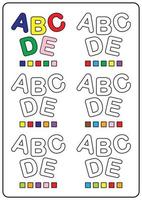 Instructional coloring pages, educational games for children, preschool activity worksheets. Simple cartoon vector illustration of colorful objects to learn colors. Coloring the letters ABCDE.