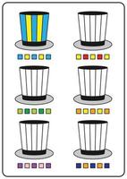 Instructional coloring pages, educational games for children, preschool activity worksheets. Simple cartoon vector illustration of colorful objects to learn colors. Coloring striated hat.