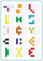 Printable picture reflection educational game for toddlers and kids. Learning symmetrical worksheets, fun for preschool and kindergarten. Grid page coloring activities, visual perception and pixel art vector