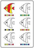 Instructional coloring pages, educational games for children, preschool activities, printable worksheets. Simple cartoon vector illustration of colorful objects to learn colors. Coloring fish.