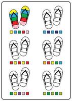 Instructional coloring pages, educational games for children, preschool activity worksheets. Simple cartoon vector illustration of colorful objects to learn colors. Coloring a pair of flip-flops.