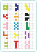 Printable picture reflection educational game for toddlers and kids. Learning symmetrical worksheets, fun for preschool and kindergarten. Grid page coloring activities, visual perception and pixel art vector