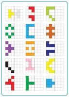 Printable picture reflection educational game for toddlers and kids. Learning symmetrical worksheets, fun for preschool and kindergarten. Grid page coloring activities, visual perception and pixel art vector