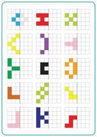 Printable picture reflection educational game for toddlers and kids. Learning symmetrical worksheets, fun for preschool and kindergarten. Grid page coloring activities, visual perception and pixel art vector