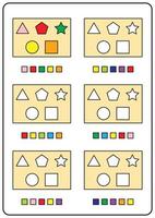 Instructional coloring pages, educational games for children, preschool activity worksheets. Simple cartoon vector illustration of colorful objects to learn colors. Coloring flat geometry puzzle.