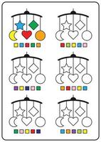 páginas instructivas para colorear, juegos educativos para niños, hojas de trabajo de actividades preescolares. ilustración vectorial de dibujos animados simples de objetos coloridos para aprender colores. colorear juguetes móviles colgantes para bebés. vector