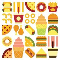 Flat minimalist geometric fast food symbol artwork poster with colorful simple shapes. Abstract vector pattern design of junk food and drink. Burgers, pizza, french fries, soda, coffee and ice cream.