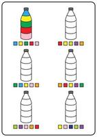 páginas para colorear instructivas, juegos educativos para niños, actividades preescolares, hojas de trabajo imprimibles. ilustración vectorial de dibujos animados simples de objetos coloridos para aprender colores. botellas para colorear. vector